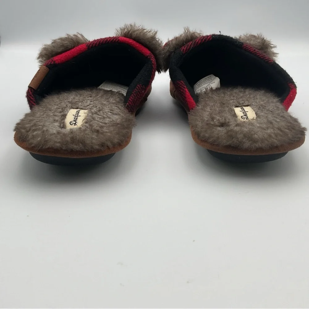 Dear Foams Slippers Youth 4-5 Womens 5.5 Buffalo Check Lil Bear Mule Flats Red